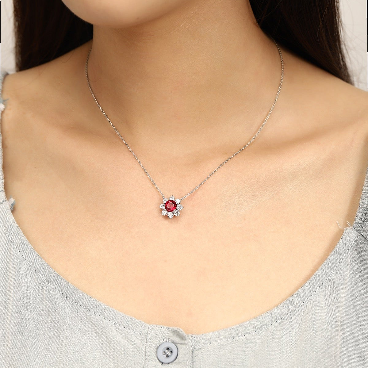 PT950 1.51ct Round Lab Grown Ruby Treasure Necklace
