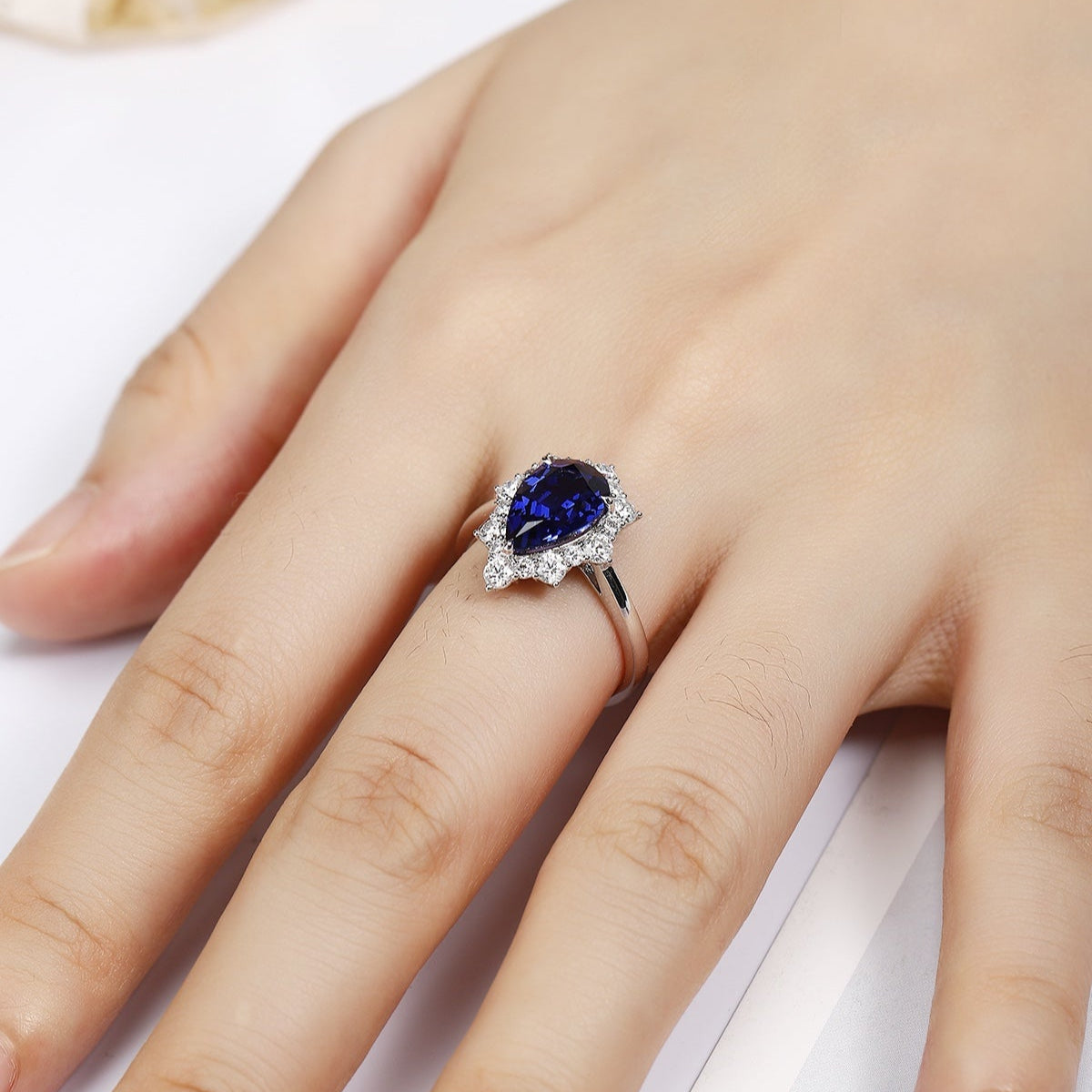 PT950 2.95ct Pear Shaped Lab Grown Blue Treasure Ring