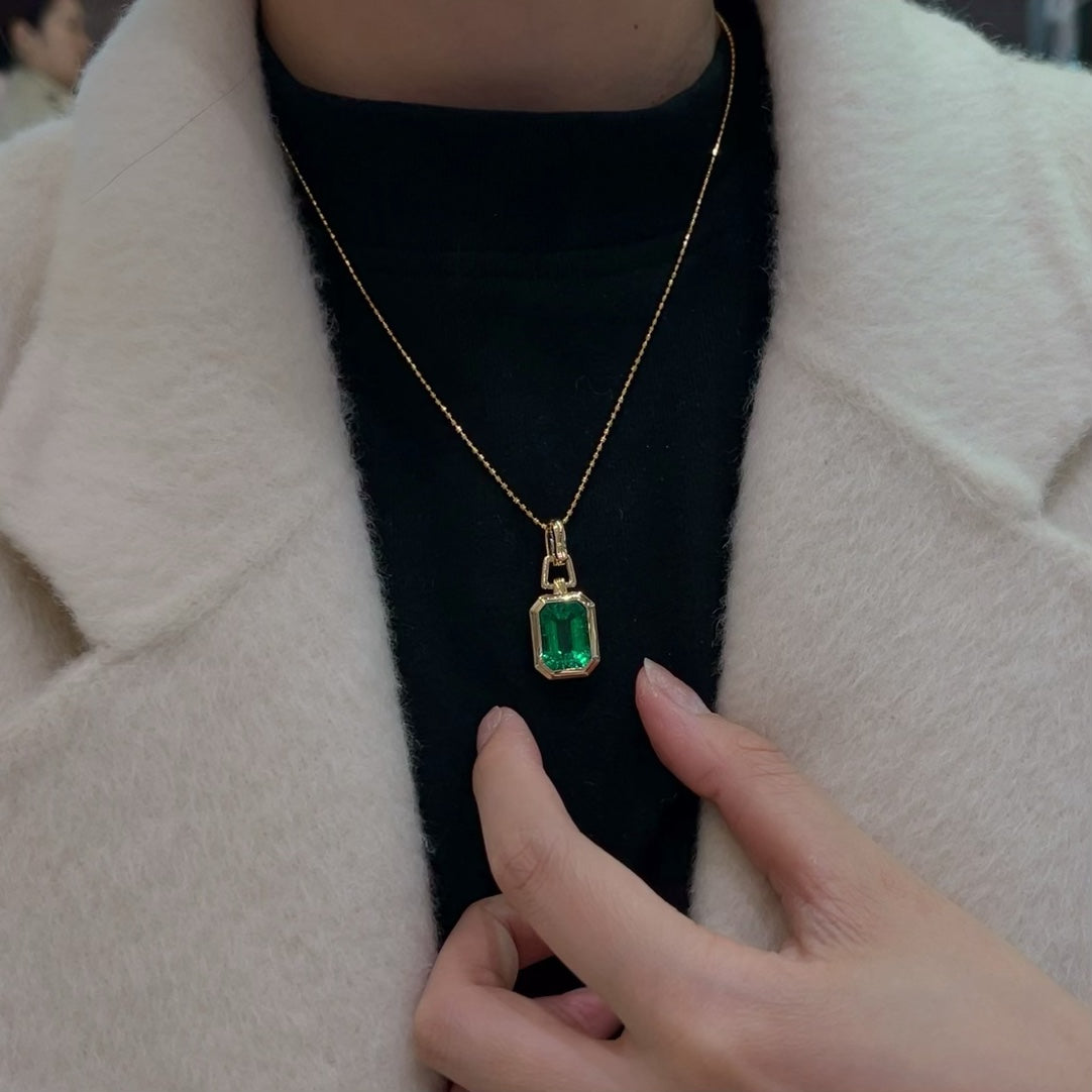 14K Gold 7.45ct Emerald Cut Lab Grown Emerald Pendant