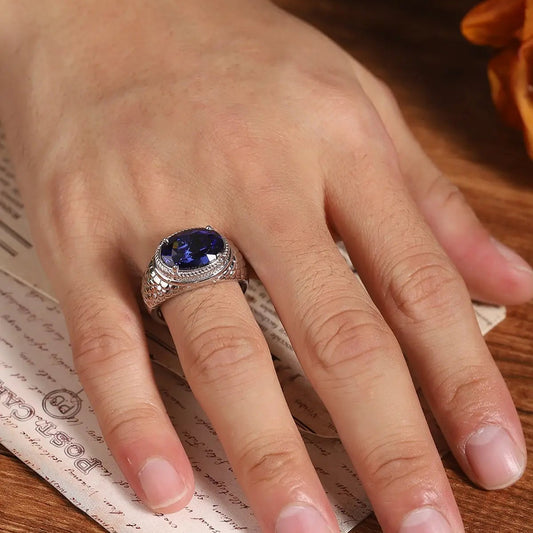S925 Silver  7.96ct  Oval Shape Cultivation Blue Treasure Male Ring A