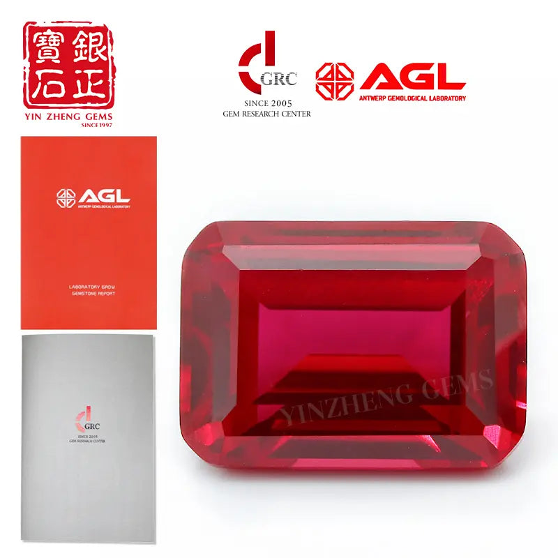 Flame Melted Emerald Cut Lab Grown Ruby