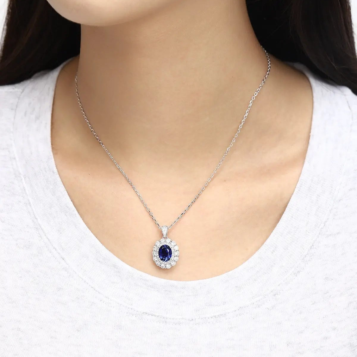 PT950 Lab Gronw Diamond & Lab Grown Sapphire 2.5ct Oval Shape Necklace