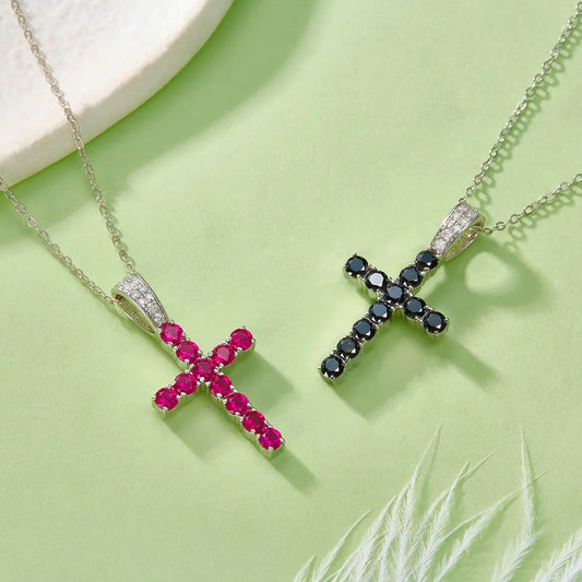 S925 Silver Plated With 18K White Gold Precious Gemstone Cross Necklace