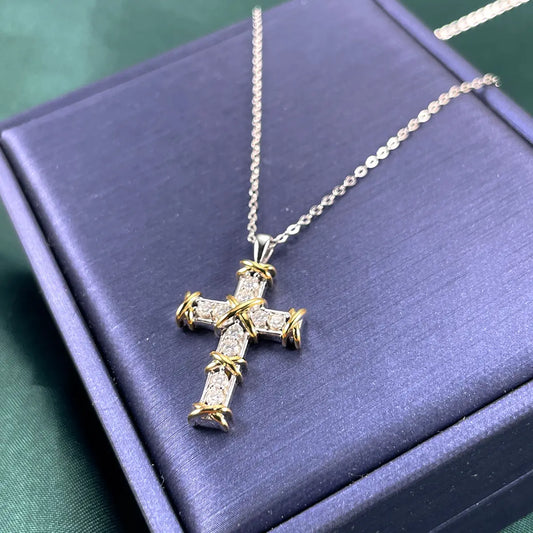 S925 Silver Plated With 18K Gold Double-colored Cross-shaped Necklace With Moissanite 0.45 ct