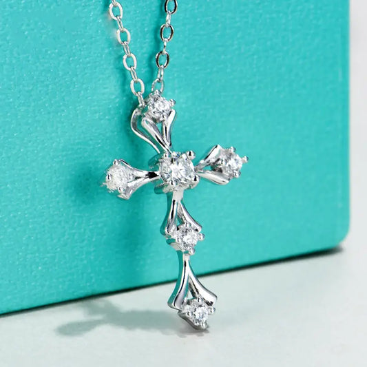 S925 Silver Plated With 18K White Gold Cross-shaped Morganite Necklace Main Stone 0.2ct