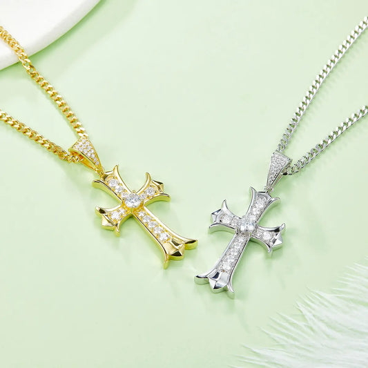 Retro Cross Necklace - S925 Silver Pendant with Moissanite Stones