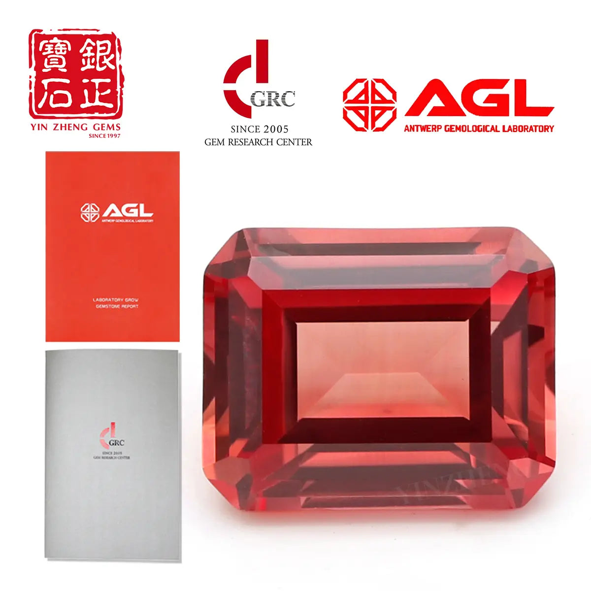 Flame Melted Lab Grown Paparacha Emerald Cut