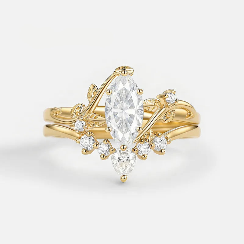 Garden Series - 1-2 Carat Marquise Moissanite Stack Wedding Ring Set | S925 Silver With Gold Plated