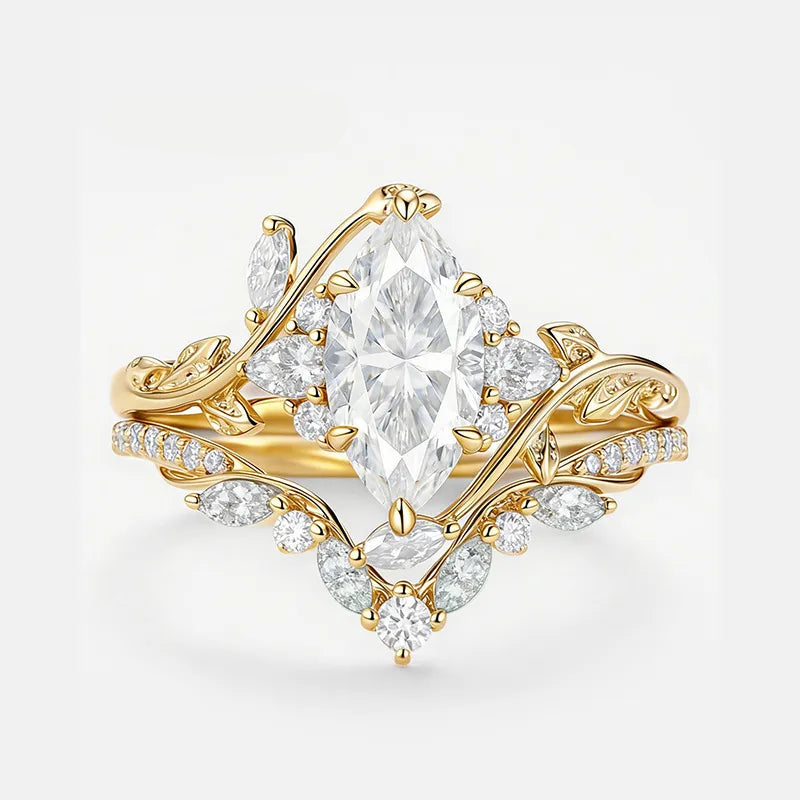 Garden Series - 1-2 Carat Marquise Moissanite Stack Wedding Ring Set | S925 Silver With Gold Plated