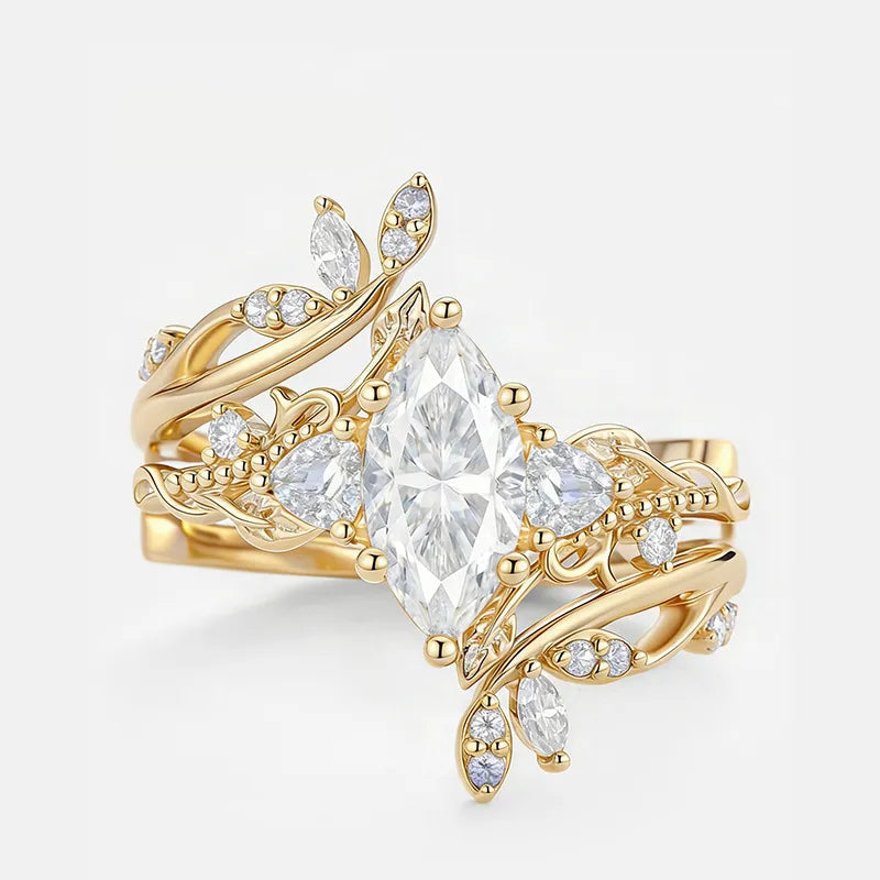 Garden Series - 1-2 Carat Marquise Moissanite Stack Wedding Ring Set | S925 Silver With Gold Plated