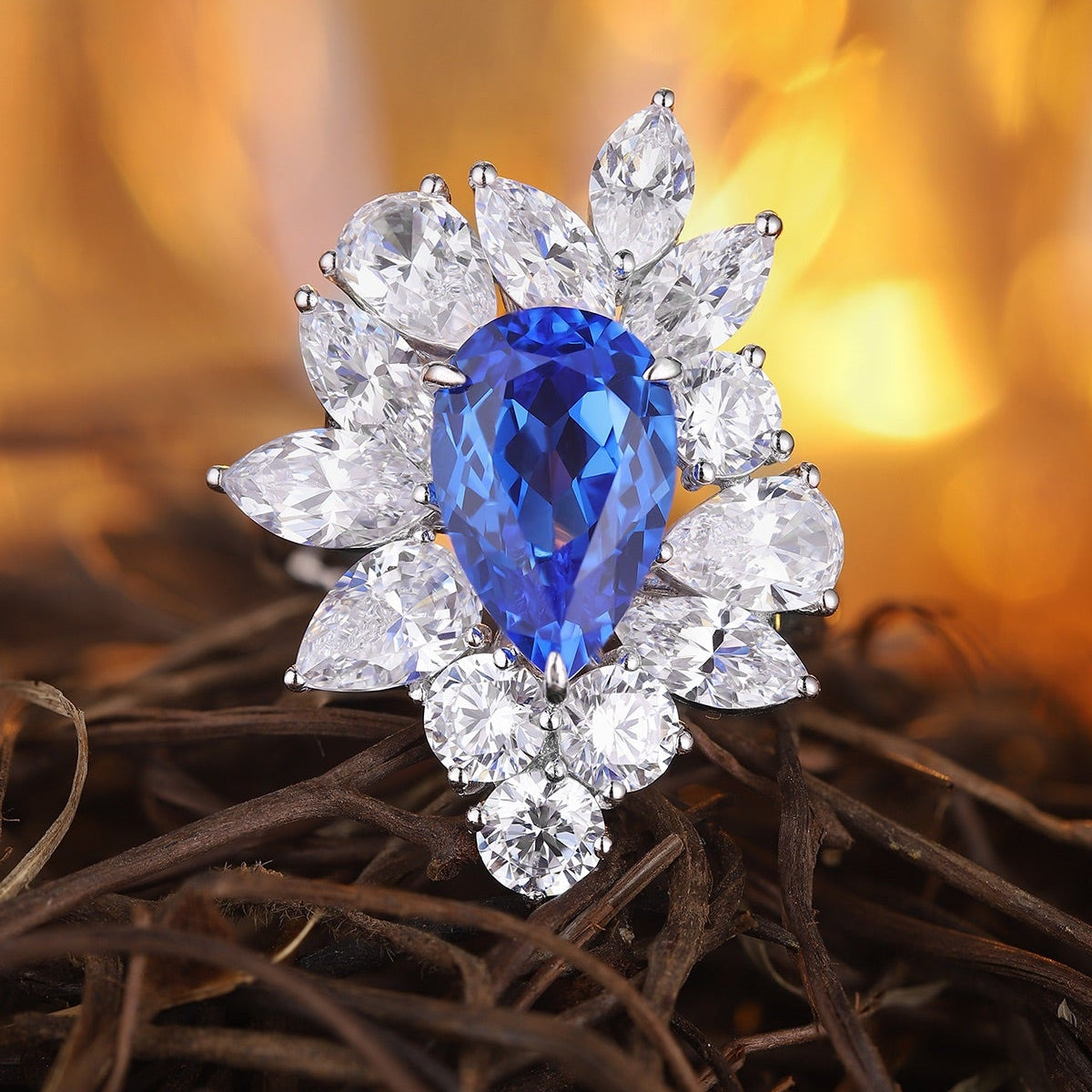 S925 Silver 4.3ct Lab Grown Cobalt Pointed Crystal Ring W