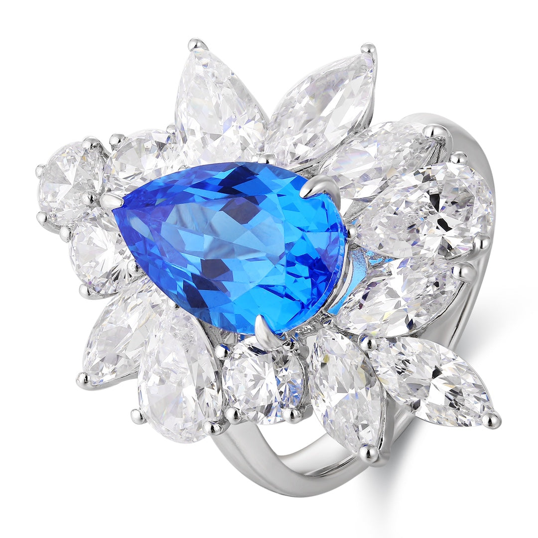 S925 Silver 4.3ct Lab Grown Cobalt Pointed Crystal Ring W