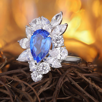 S925 Silver 4.3ct Lab Grown Cobalt Pointed Crystal Ring W