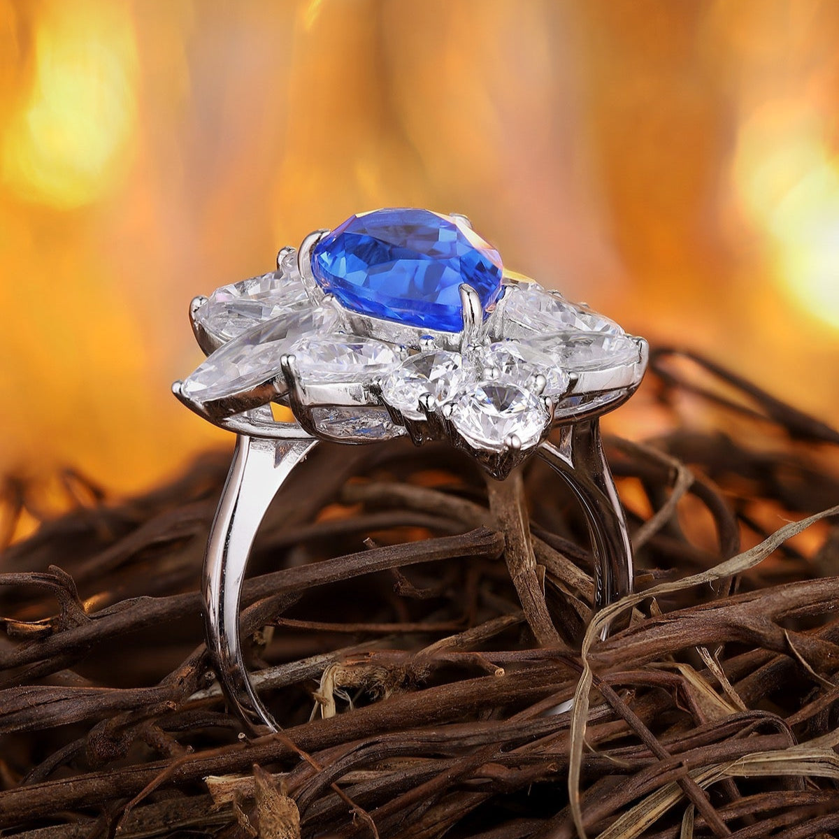 S925 Silver 4.3ct Lab Grown Cobalt Pointed Crystal Ring W