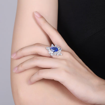 S925 Silver 4.3ct Lab Grown Cobalt Pointed Crystal Ring W