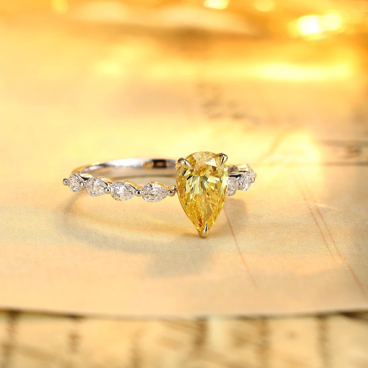 PT950 Platinum 1.11ct Water Droplet Shaped Lab Grown Yellow Diamond Ring PR1803