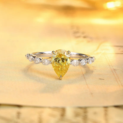 PT950 Platinum 1.11ct Water Droplet Shaped Lab Grown Yellow Diamond Ring PR1803