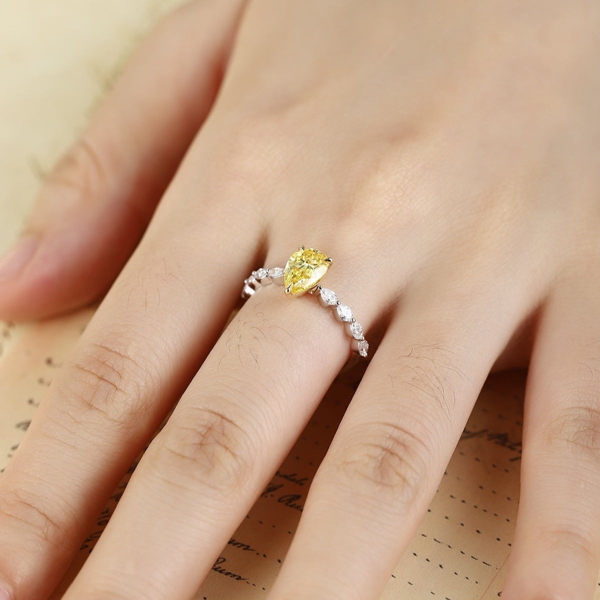 PT950 Platinum 1.11ct Water Droplet Shaped Lab Grown Yellow Diamond Ring PR1803