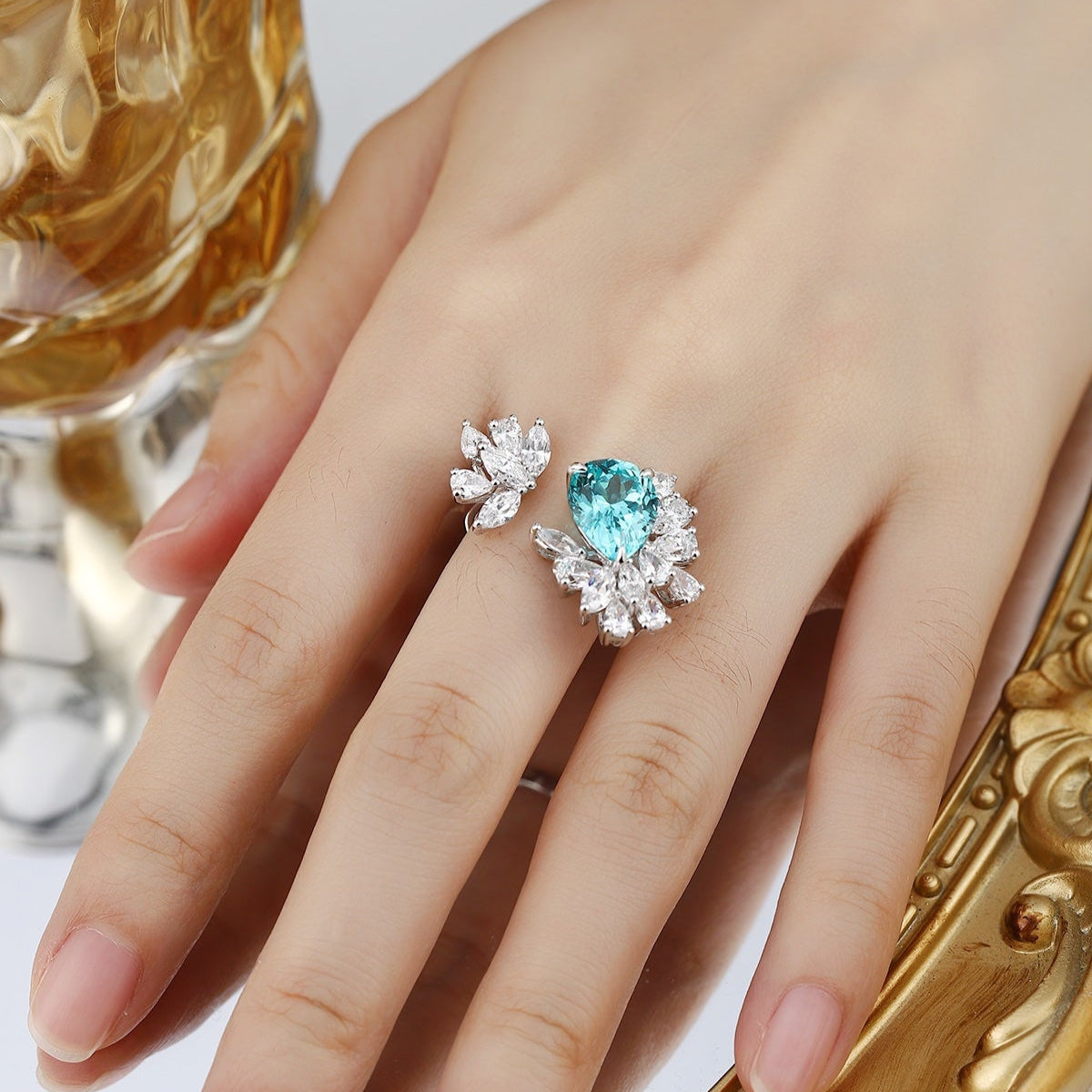 S925 Silver 6.39ct Droplet Shaped Lab Grown Paraiba Ring JR148Y