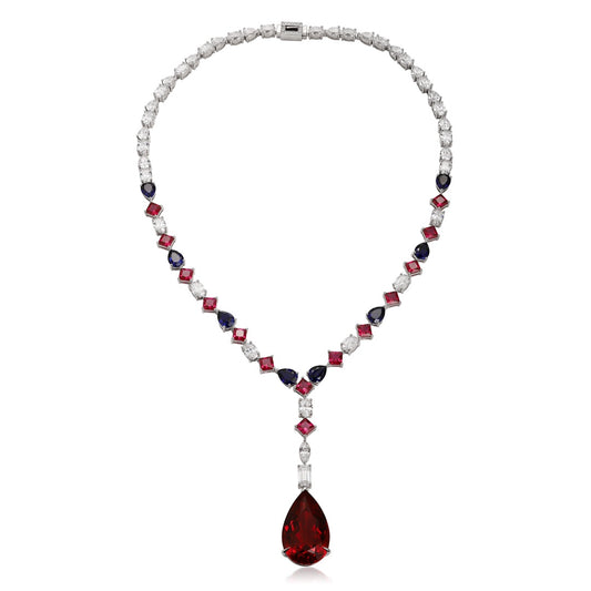 S925 Silver 55.25ct Synthetic Red & Blue Gemstone Necklace