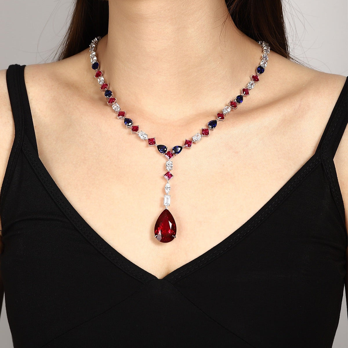 S925 Silver 55.25ct Synthetic Red & Blue Gemstone Necklace