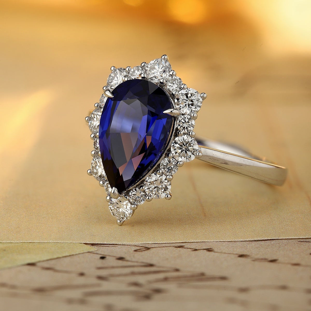 PT950 Platinum 2.95ct Water Drop Shaped Blue Treasure Ring Cultivation PR1522