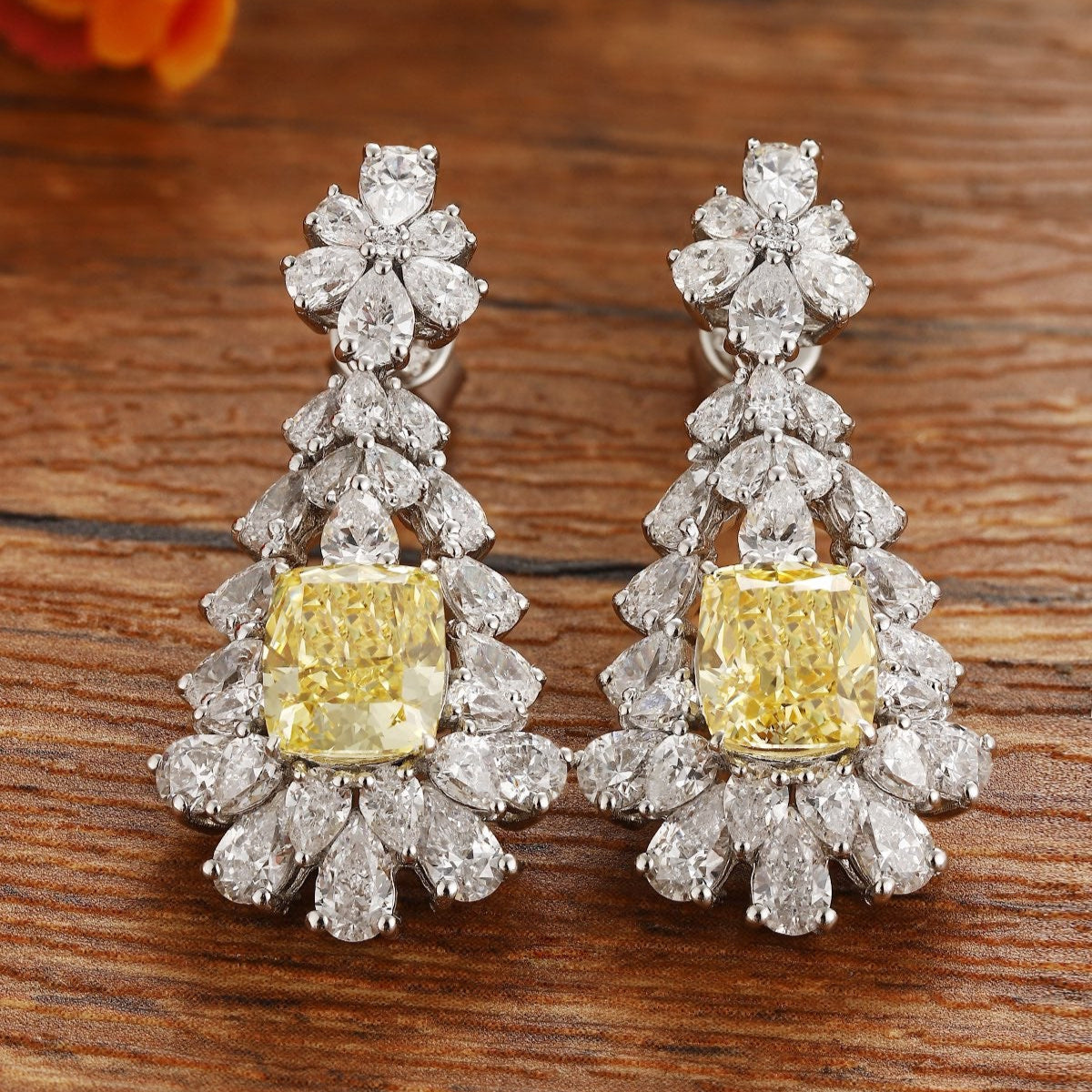 S925 Silver 4ct Imitation Yellow White Diamond Earrings W