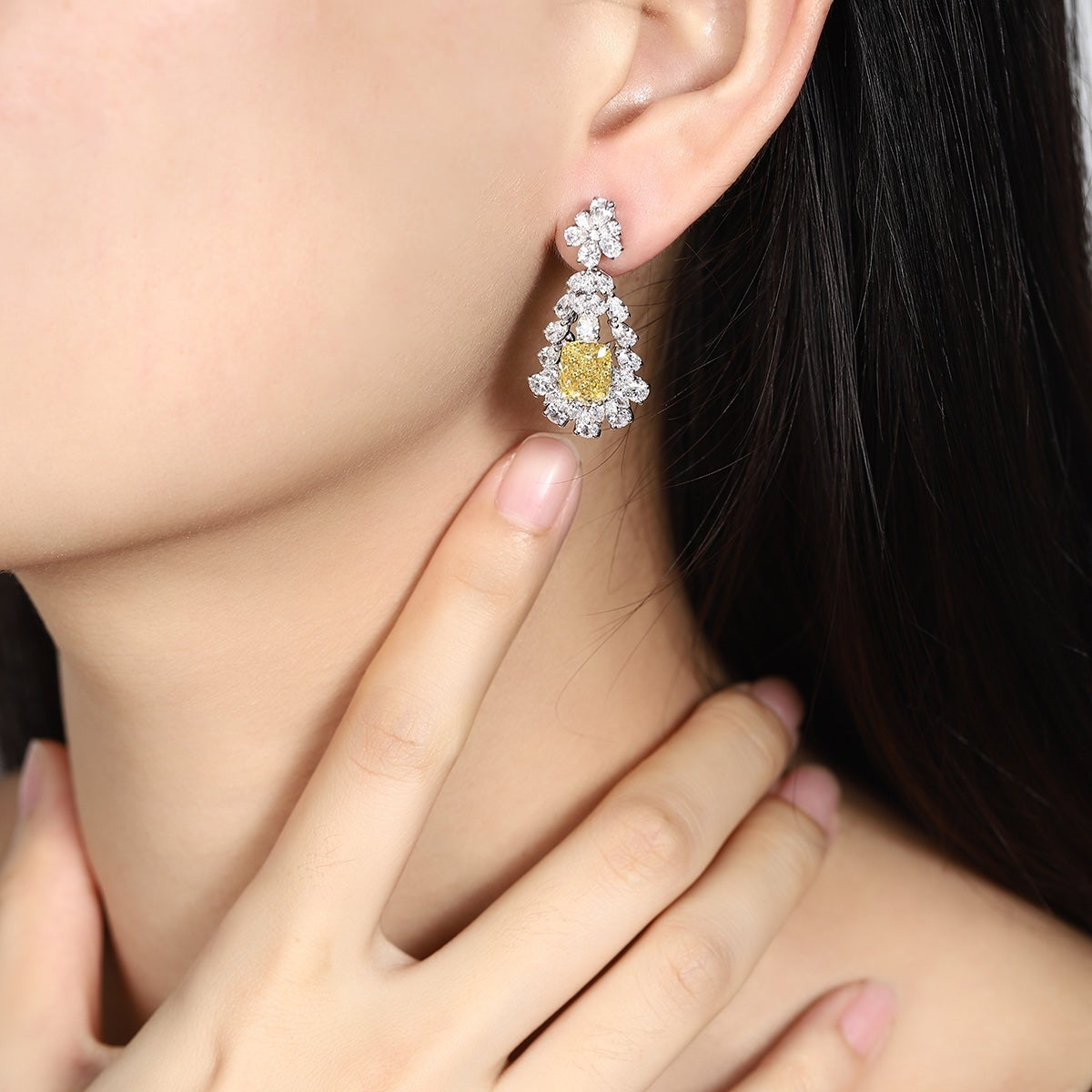 S925 Silver 4ct Imitation Yellow White Diamond Earrings W