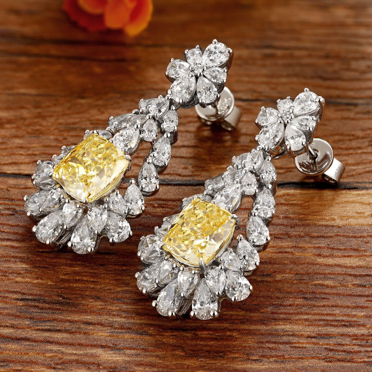 S925 Silver 4ct Imitation Yellow White Diamond Earrings W