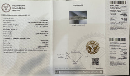 HPHT Lab Grown Yellow Color Diamonds Marquise Shape 0.5ct~5.0ct VVS/VS With IGI Certificate