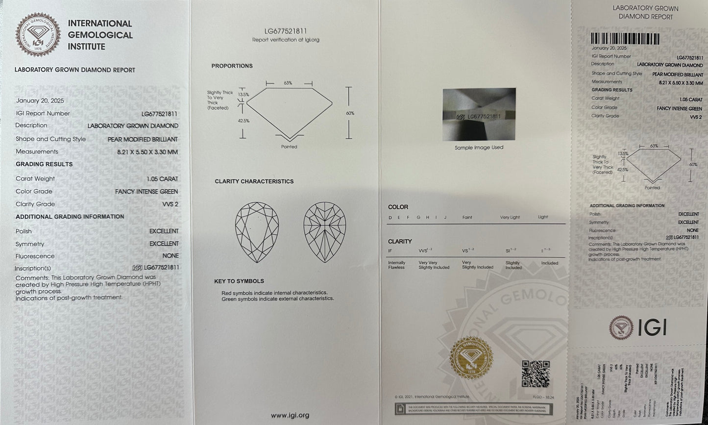 HPHT Lab Grown Green Color Diamonds Briolette Shape 0.5ct~5.0ct VVS/VS With IGI Certificate
