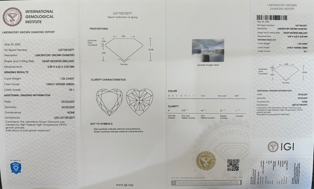 HPHT Lab Grown Green Color Diamonds Heart Shape 0.5ct~5.0ct VVS/VS With IGI Certificate