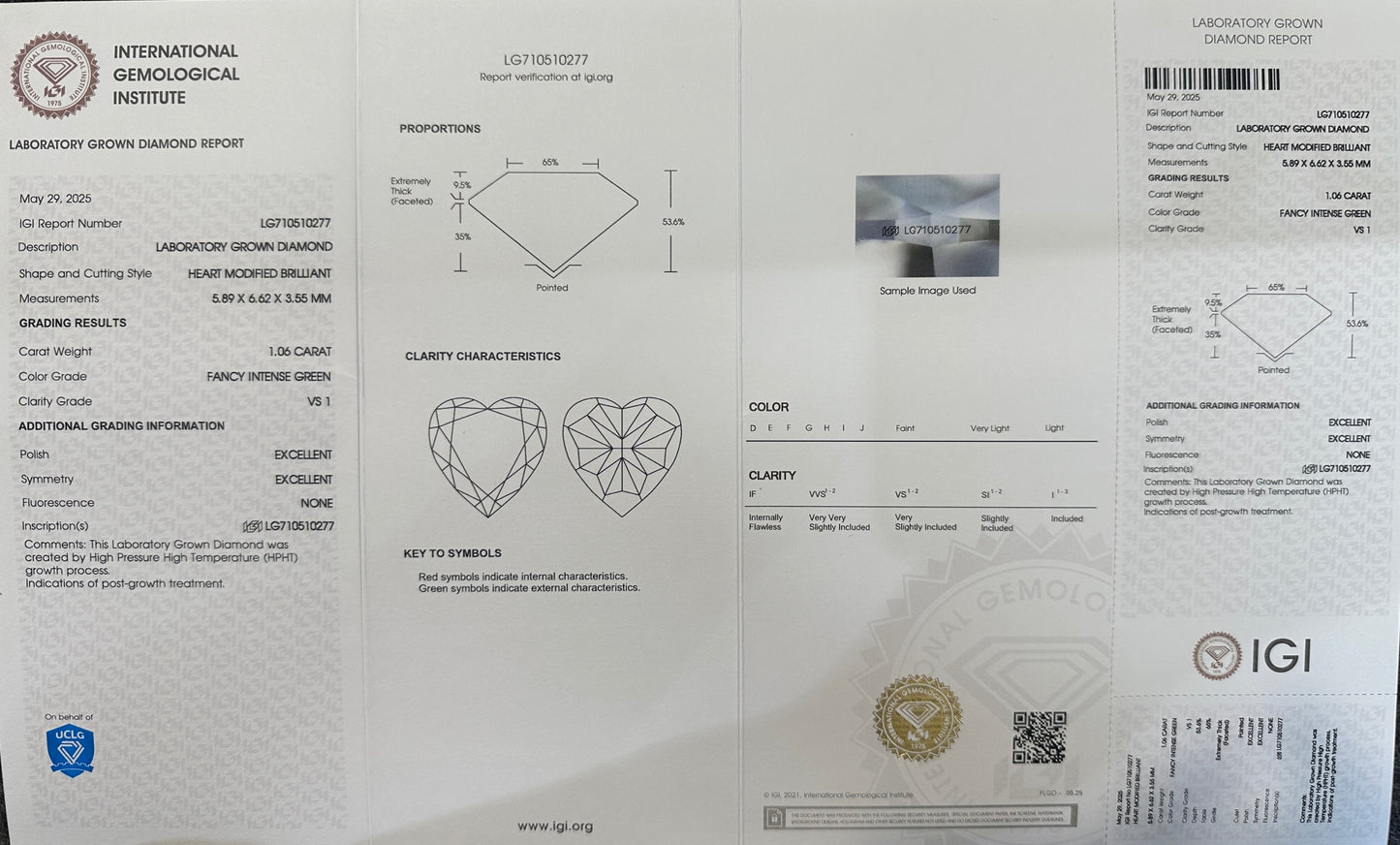 HPHT Lab Grown Green Color Diamonds Heart Shape 0.5ct~5.0ct VVS/VS With IGI Certificate