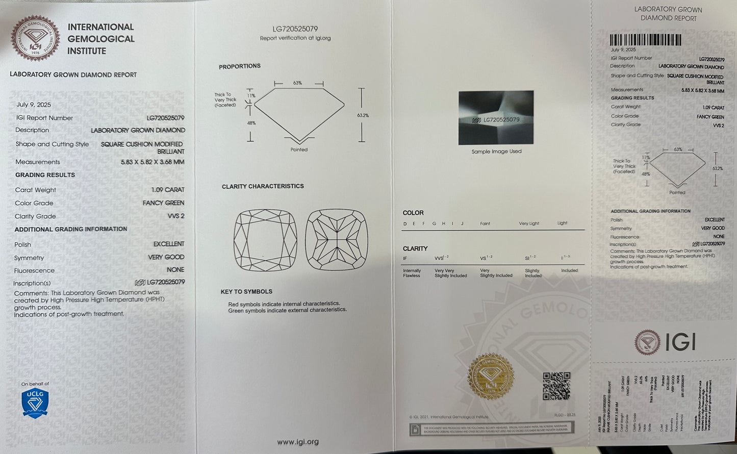 HPHT Lab Grown Green Color Diamonds Cushion Shape 0.5ct~5.0ct VVS/VS With IGI Certificate
