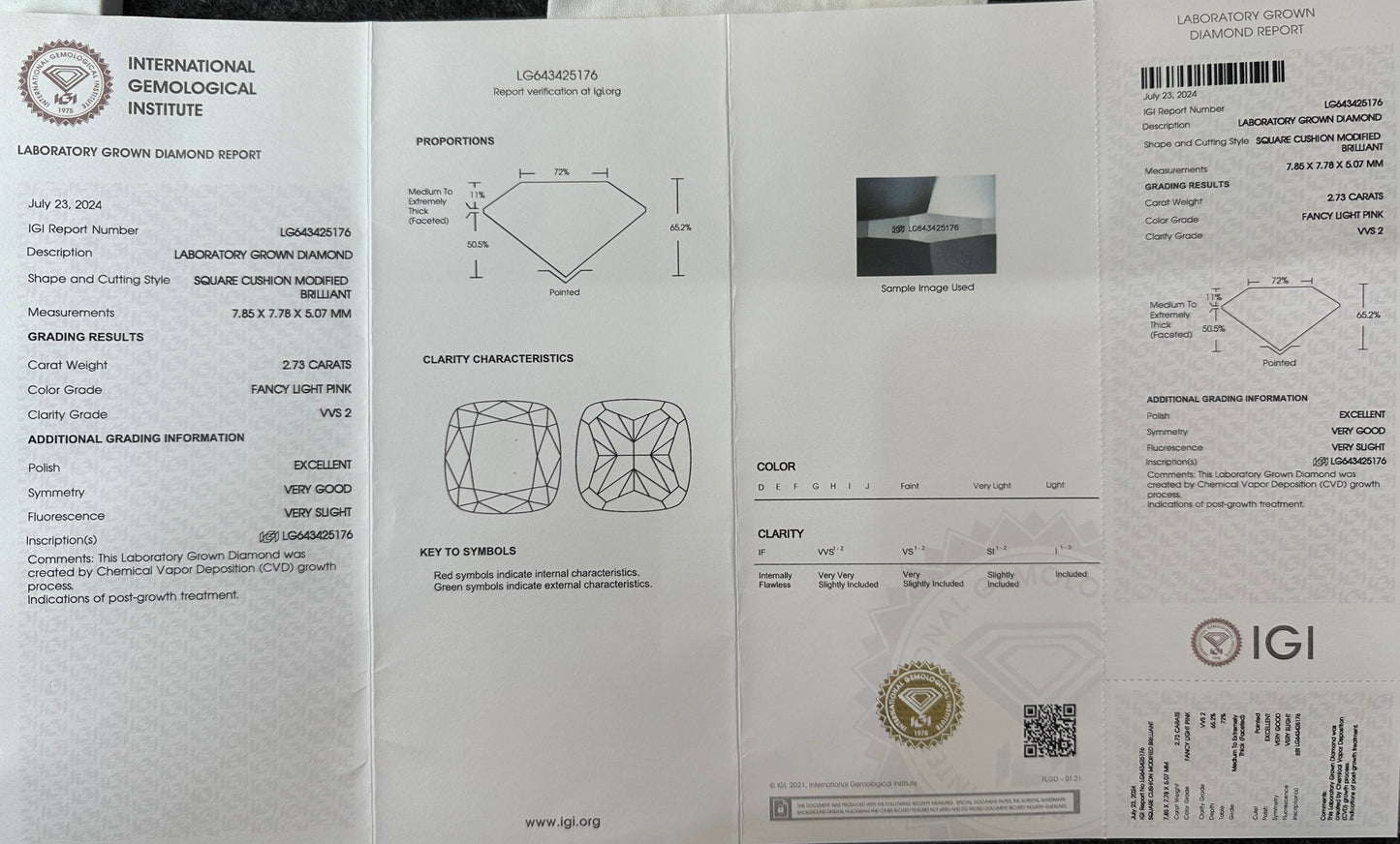 CVD Lab Grown Pink Color Diamonds Cushion Shape 0.5ct~5.0ct VVS/VS With IGI Certificate