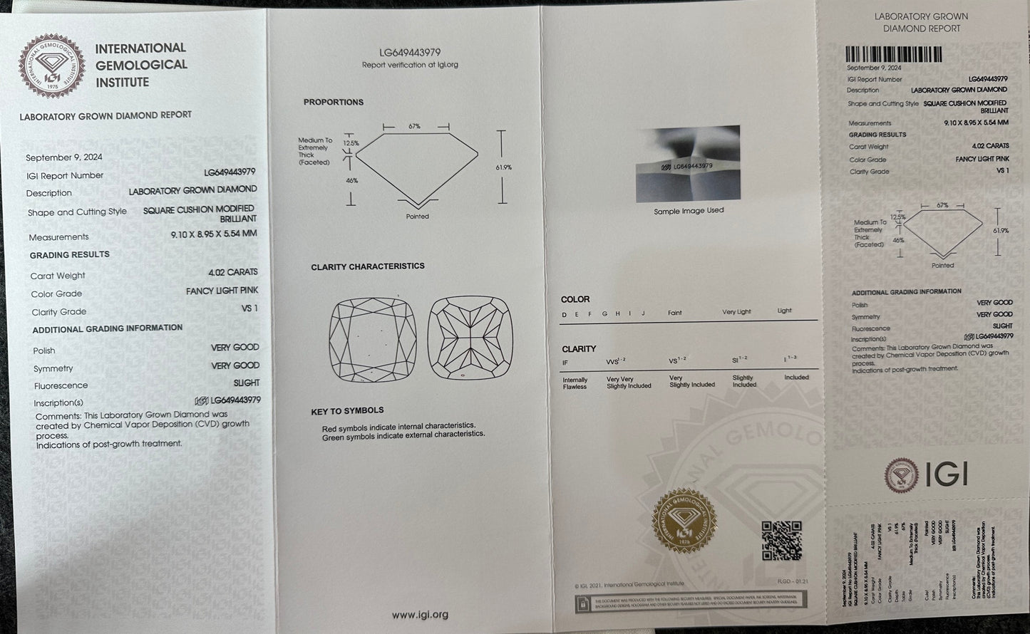 CVD Lab Grown Pink Color Diamonds Cushion Shape 0.5ct~5.0ct VVS/VS With IGI Certificate