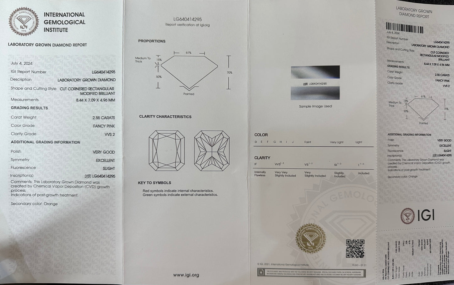 CVD Lab Grown Pink Color Diamonds Radiant Cut 0.5ct~5.0ct VVS/VS With IGI Certificate