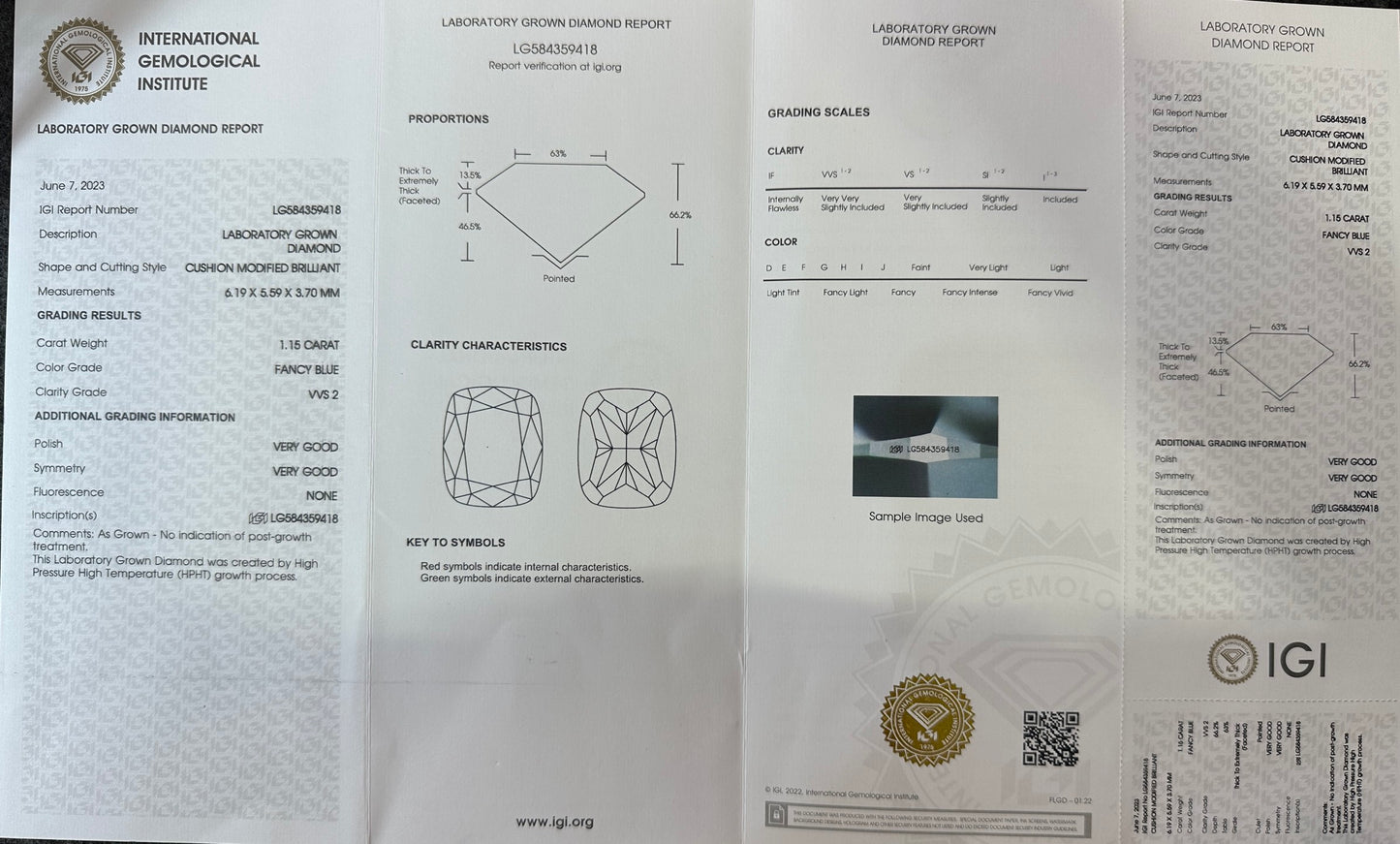 HPHT Lab Grown Blue Color Diamonds Cushion Shape 0.5ct~5.0ct VVS/VS With IGI Certificate