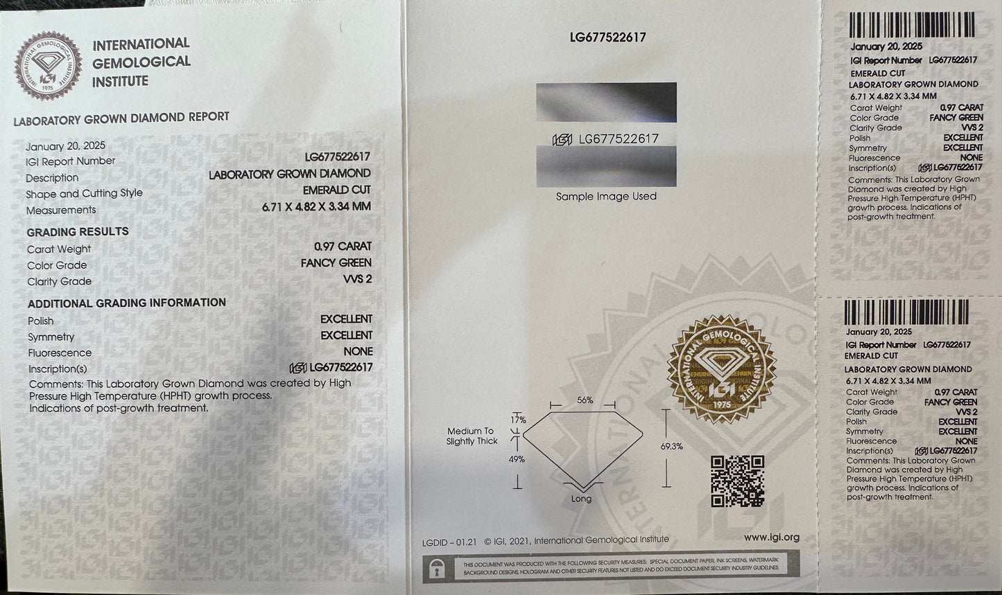 HPHT Lab Grown Green Color Diamonds Emerald Cut 0.5ct~5.0ct VVS/VS With IGI Certificate