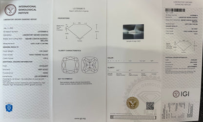 HPHT Lab Grown Yellow Color Diamonds Cushion Shape 0.5ct~5.0ct VVS/VS With IGI Certificate