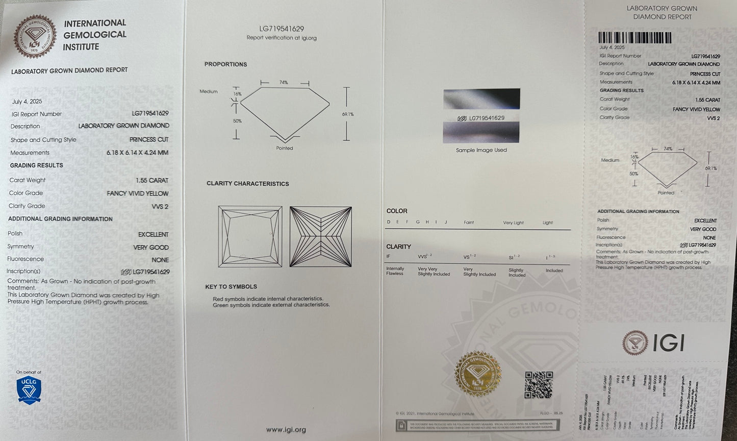 HPHT Lab Grown Yellow Color Diamonds Princess Cut 0.5ct~5.0ct VVS/VS With IGI Certificate
