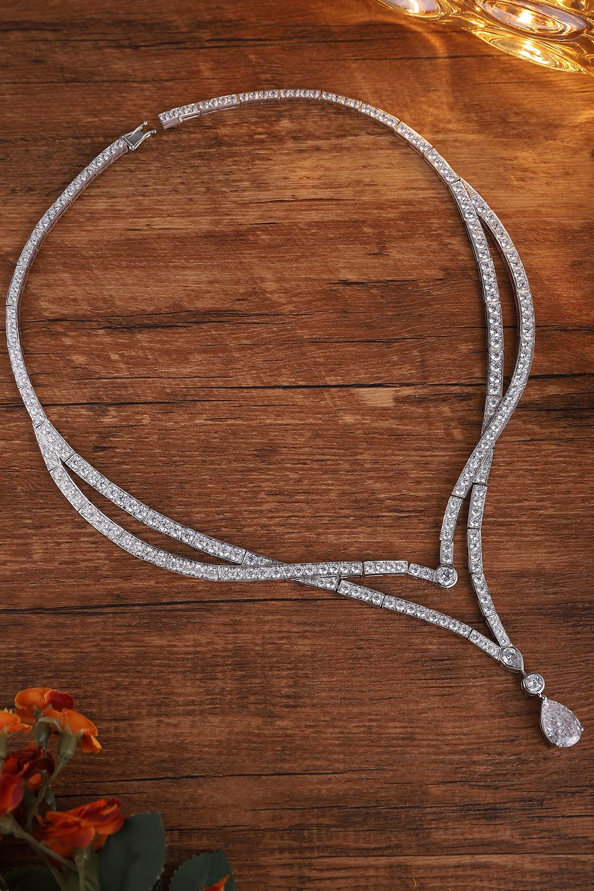 S925 Silver 12.9ct White Imitation Diamond Necklace A PN2158Y