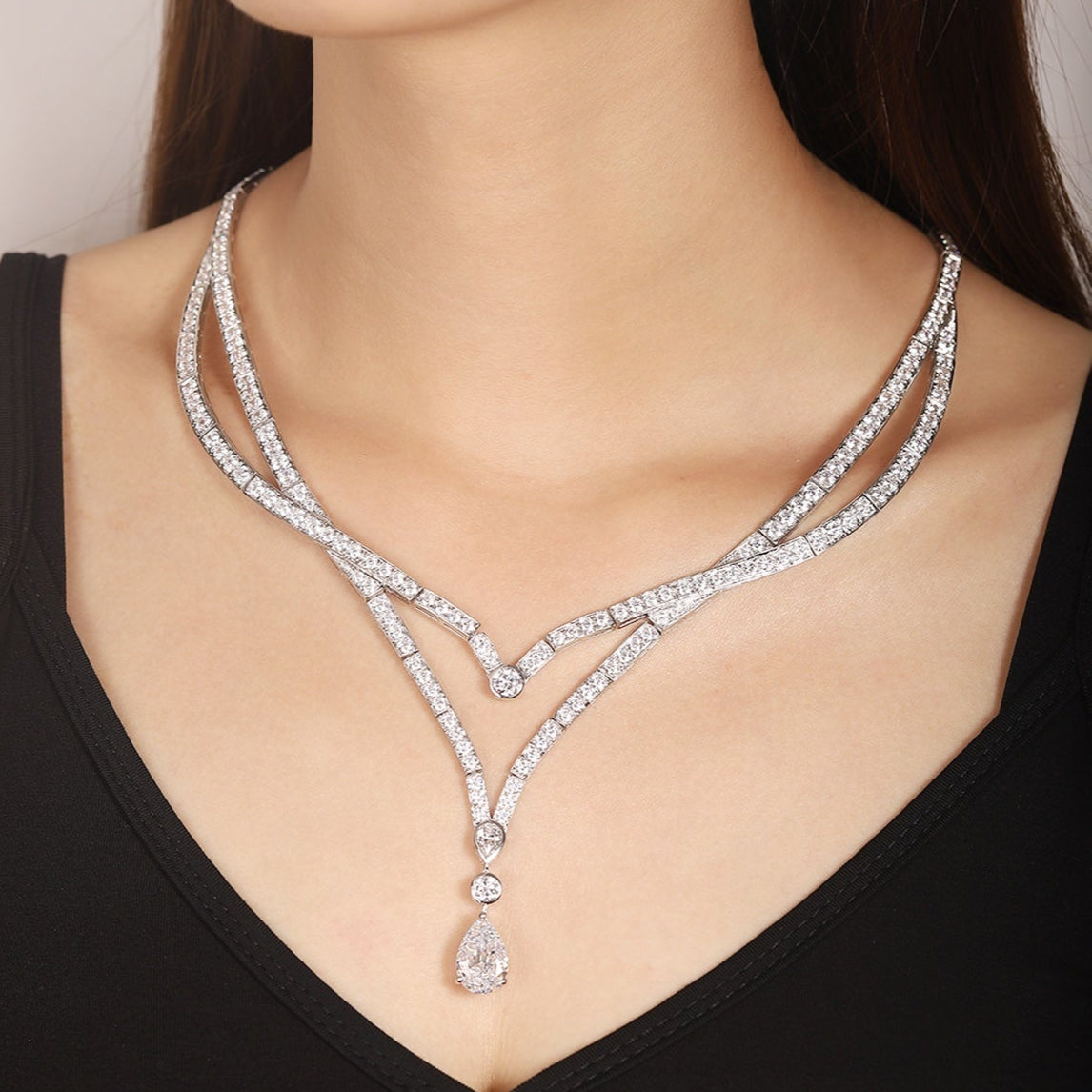 S925 Silver 12.9ct White Imitation Diamond Necklace A PN2158Y