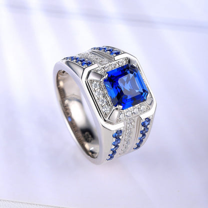 S925 Silver 2.96ct Lab Grown Blue Treasure Male Ring A JSABR937Y