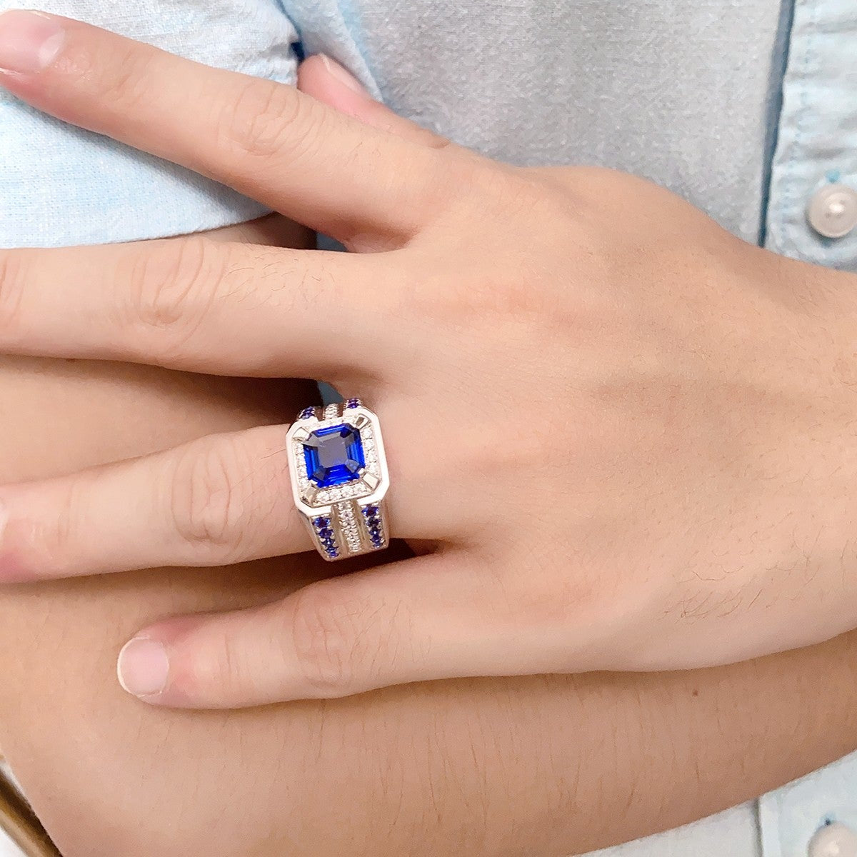 S925 Silver 2.96ct Lab Grown Blue Treasure Male Ring A JSABR937Y