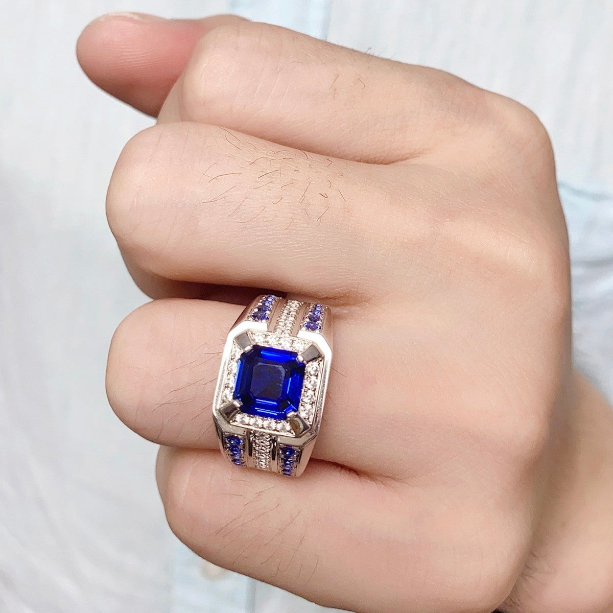 S925 Silver 2.96ct Lab Grown Blue Treasure Male Ring A JSABR937Y