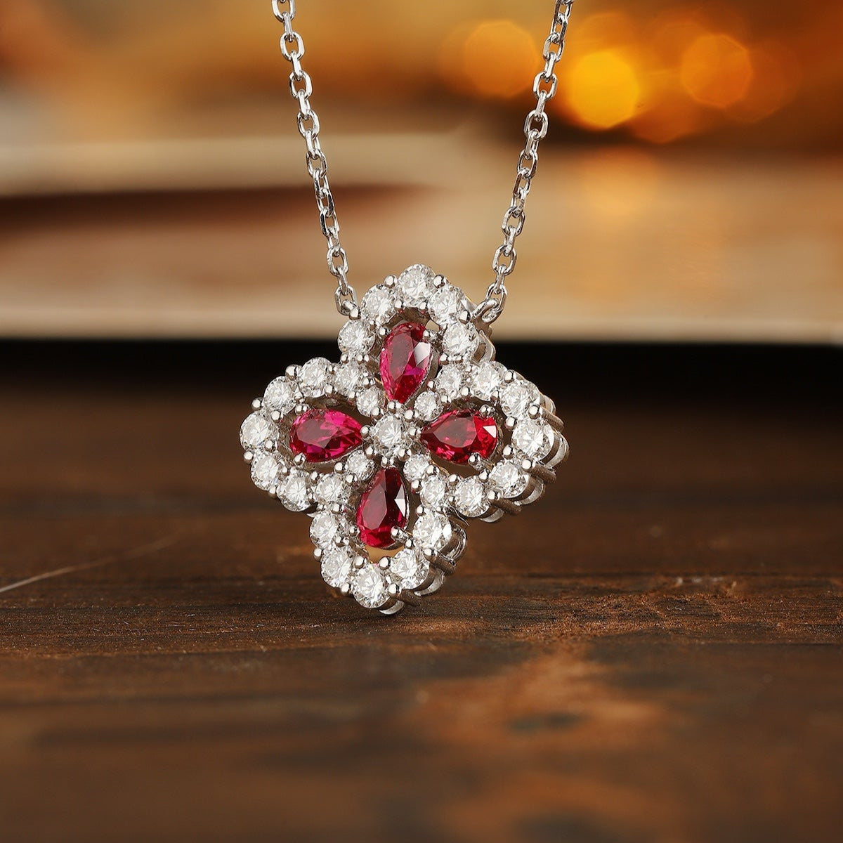 PT950 0.66ct Four Leaf Clover Lab Growe Ruby Treasure Necklace
