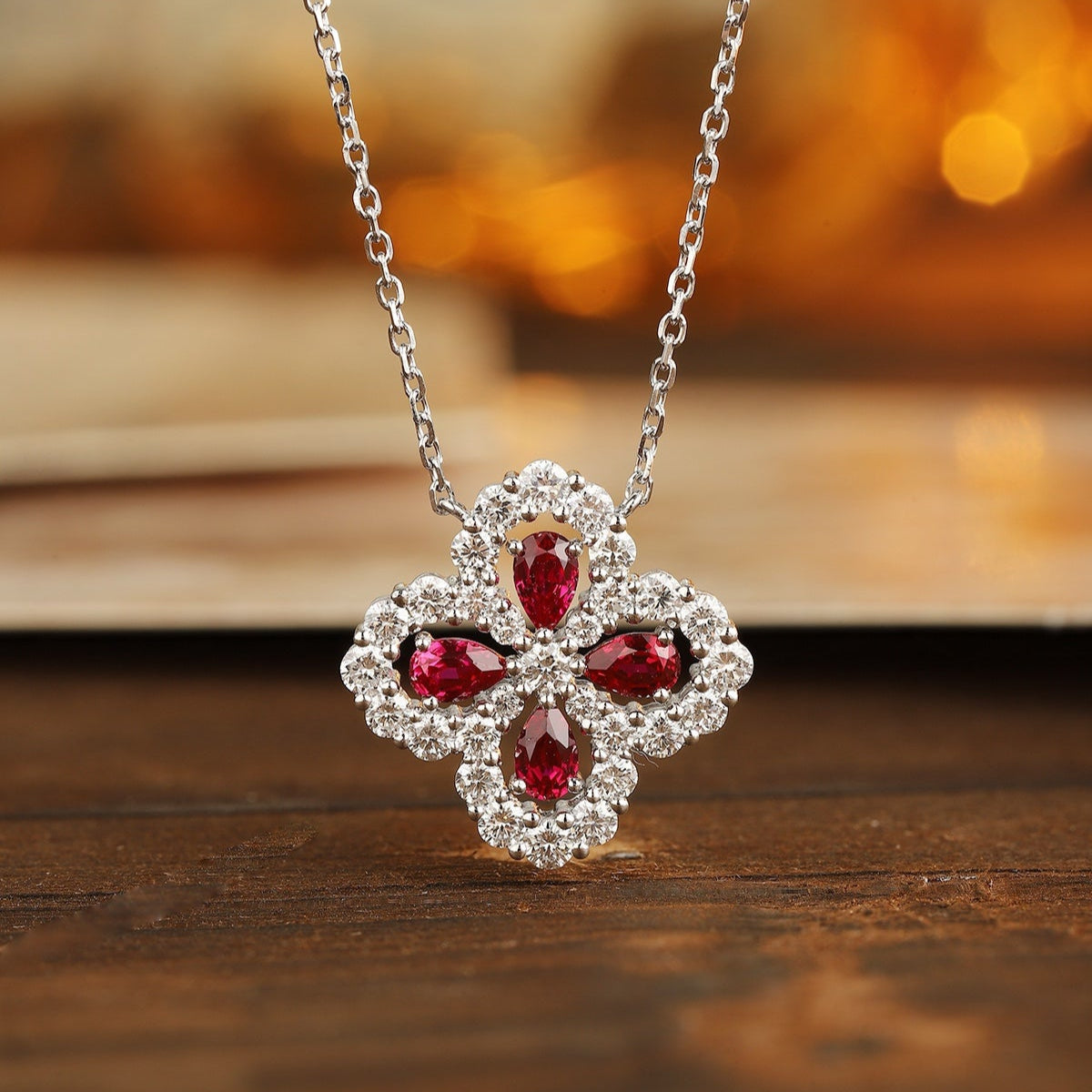 PT950 0.66ct Four Leaf Clover Lab Growe Ruby Treasure Necklace