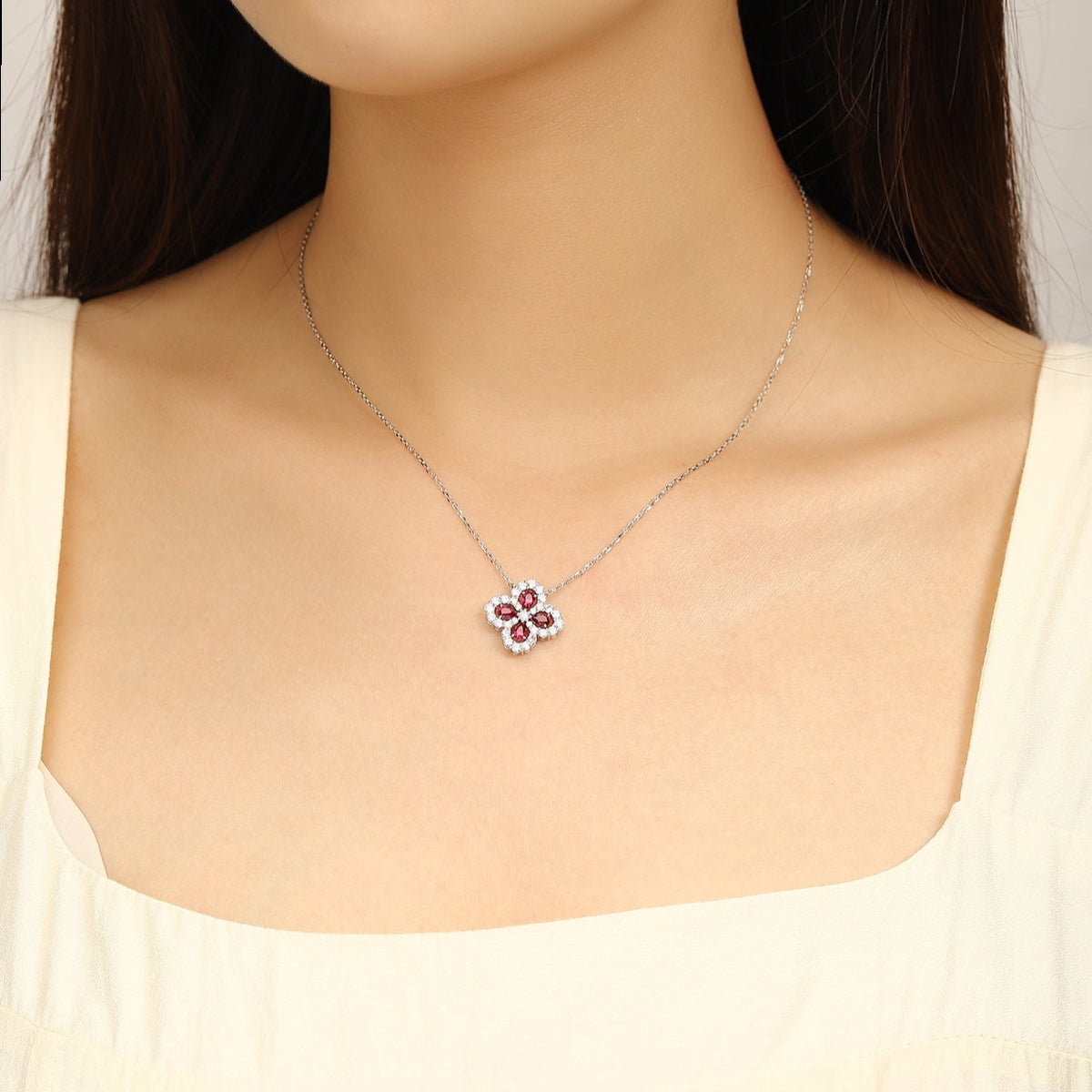 PT950 0.66ct Four Leaf Clover Lab Growe Ruby Treasure Necklace