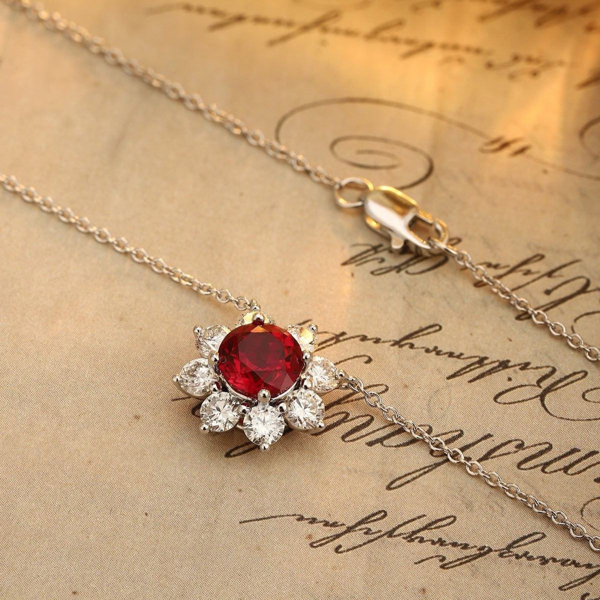 PT950 1.51ct Round Lab Grown Ruby Treasure Necklace